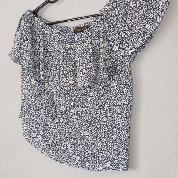 AS by DF One Shoulder Ruffle Floral Top XS – Black White Print Designer Blouse - Picture 5 of 9